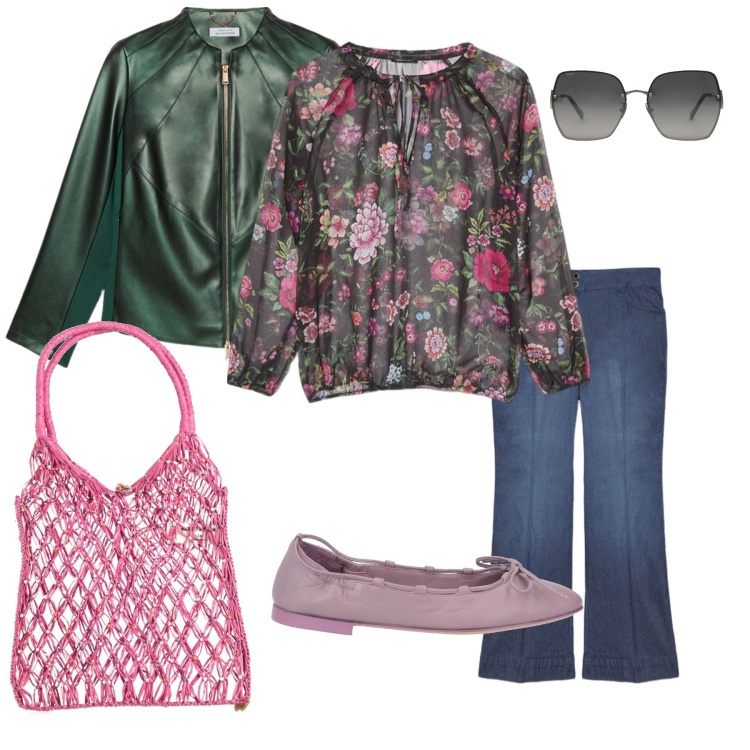 Outfit donna - Blusa a fiori. Stile Boho per Tutti i giorni. Abbinamento con ballerine, borse a mano, occhiali da sole, blazer, bluse, jeans.