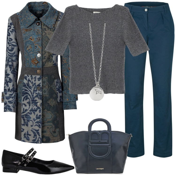 Outfit donna - Cappotto damascato. Stile Glamour per Tutti i giorni. Abbinamento con cappotti, pantaloni, ciondoli, ballerine, maglieria, borse a tracolla.