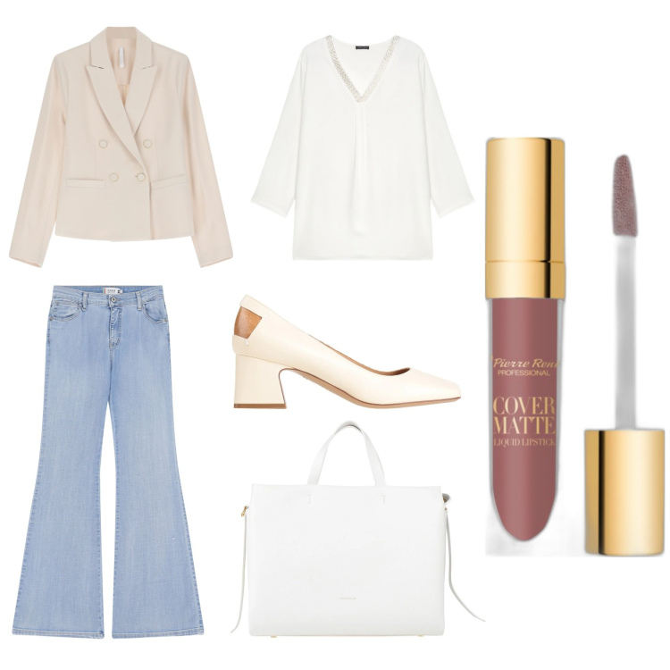 Outfit donna - una giornata in ufficio. Stile Casual per Ufficio. Abbinamento con borse a mano, décolleté, rossetti, jeans a zampa, blazer, t-shirt.