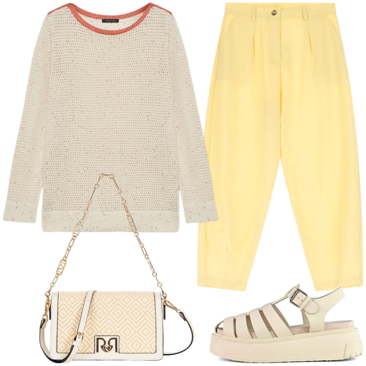 Outfit donna - Pastel Power - giallo e beige. Stile Casual per Tutti i giorni. Abbinamento con borse a spalla, pantaloni, maglieria, sandali.