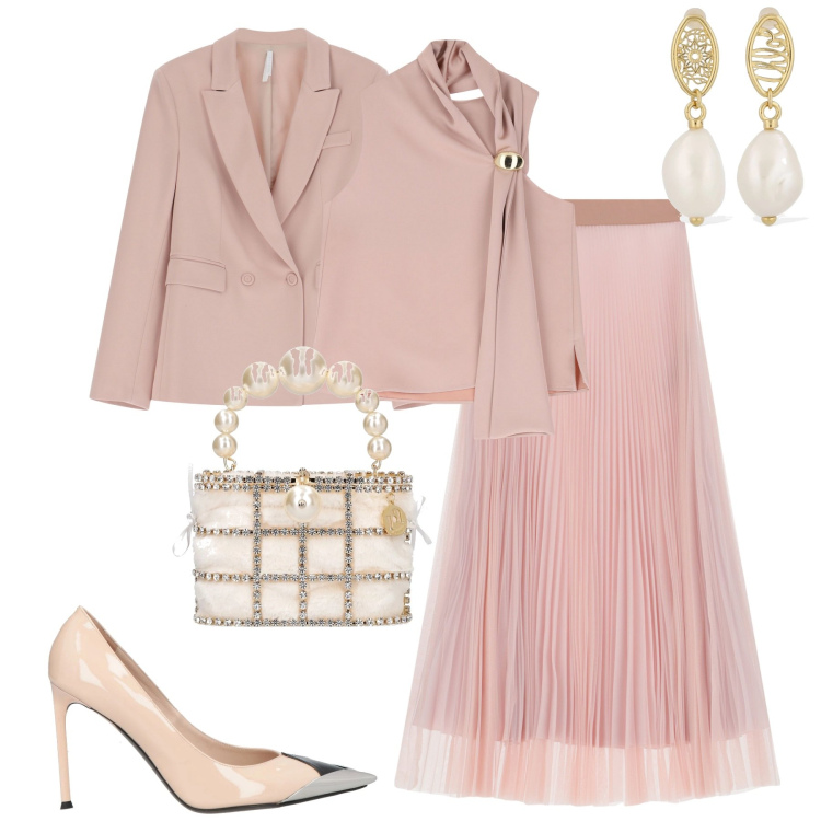 Outfit donna - Matrimonio. Stile Chic per Cerimonia. Abbinamento con décolleté, gonne lunghe, blazer, top, pochette, orecchini.