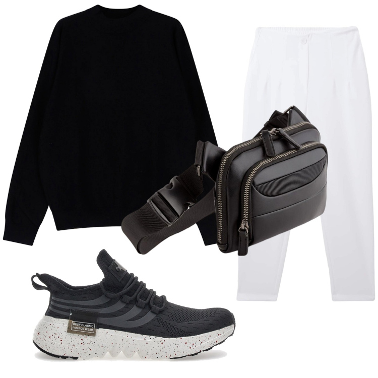 Outfit uomo - passeggiata. Stile Casual per Tutti i giorni. Abbinamento con pantaloni chino, maglieria, sneakers, borse sportive.
