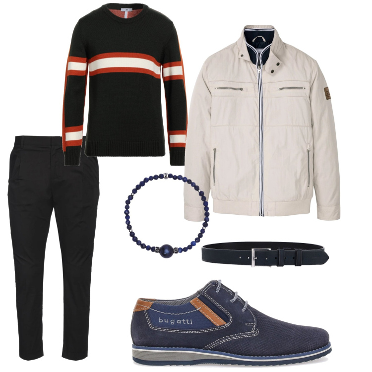 Outfit uomo - Total look in blu. Stile Trendy per Tutti i giorni. Abbinamento con giacche, pantaloni chino, pullovers, braccialetti, cinture, scarpe stringate.