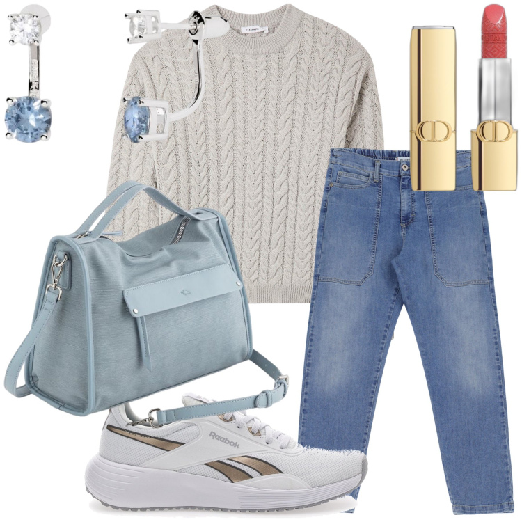 Outfit donna - Look sportivo e chic nel lipstick. Stile Sporty chic per Tutti i giorni. Abbinamento con rossetti, maglieria, orecchini, jeans, sneakers, borse a mano.