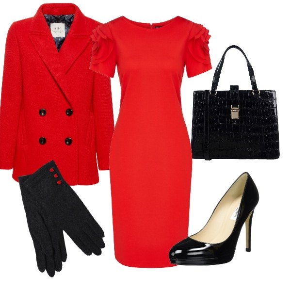 Outfit donna - Natale con i tuoi. Stile Bon Ton per Cerimonia. Abbinamento con guanti contrasto lavorato a maglia in flanella tinta unita, borsa a mano con stampa taglia media a scatto interno foderato tinta unita, vestito a righe rosso, scarpe col tacco con plateau nero, giubbotto rosso.