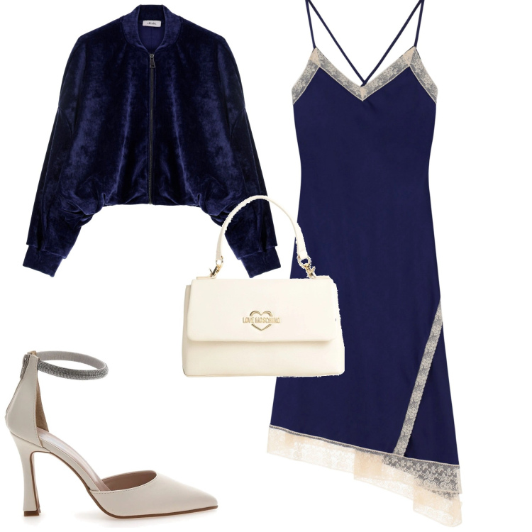 Outfit donna - Abitino asimmetrico. Stile Trendy per Serata fuori. Abbinamento con borse a mano, vestiti asimmetrici, felpe, décolleté.