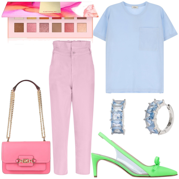 Outfit donna - Tutti i colori della primavera. Stile Glamour per Tutti i giorni. Abbinamento con décolleté, borse a spalla, ombretti, orecchini, jeans, t-shirt.