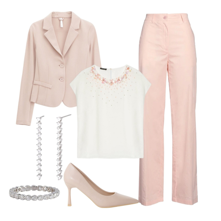 Outfit donna - Cerimonia color cipria. Stile Bon Ton per Cerimonia. Abbinamento con pantaloni, anelli, orecchini, décolleté, blazer, bluse.