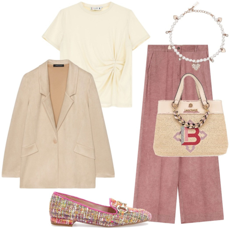 Outfit donna - Colori soft per la primavera. Stile Bon Ton per Ufficio. Abbinamento con braccialetti, pantaloni a palazzo, t-shirt, mocassini, blazer, borse a mano.
