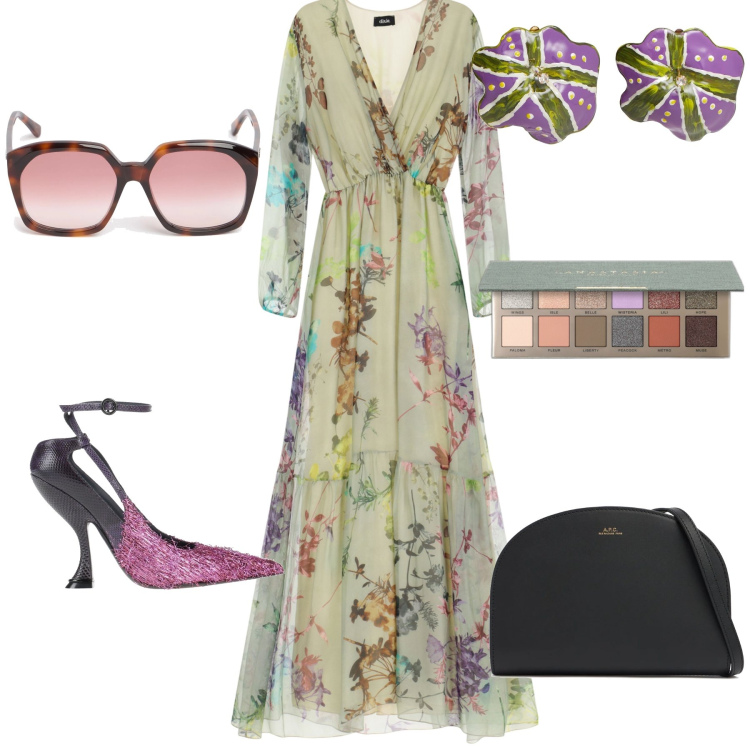 Outfit donna - Il matrimonio delle quattro. Stile Romantica per Cerimonia. Abbinamento con décolleté, orecchini, ombretti, vestiti lunghi, clutch, occhiali da sole.