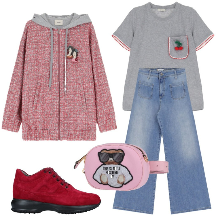 Outfit donna - In giro con le amiche. Stile Casual chic per Scuola/Università. Abbinamento con sneakers, marsupi, jeans, felpe con cappuccio, t-shirt.