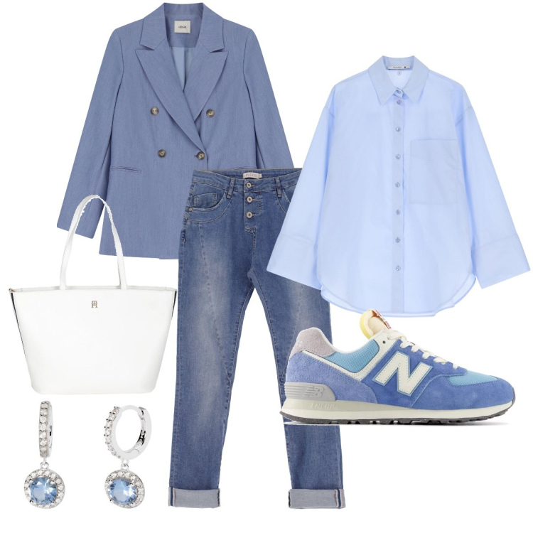 Outfit donna - Sfumature di azzurro. Stile Casual chic per Tutti i giorni. Abbinamento con borse a mano, orecchini, sneakers, jeans slim fit, camicie, blazer.