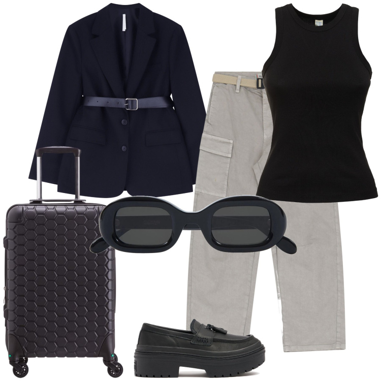 Outfit donna - L aereo mi attende. Stile Basic per Tutti i giorni. Abbinamento con pantaloni chino, blazer, mocassini, occhiali da sole, canottiere, valigie.
