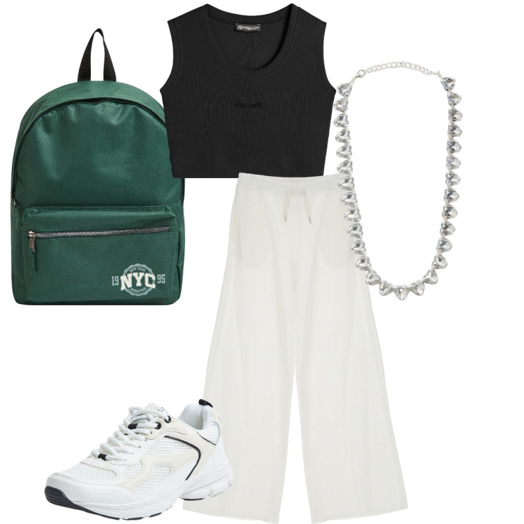 Outfit donna - New York. Stile Urban per Tutti i giorni. Abbinamento con collane, zaini, sneakers, pantaloni a palazzo, top.