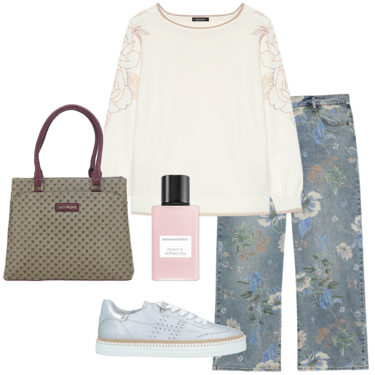 Outfit donna - Sporty chic. Stile Sporty chic per Tutti i giorni. Abbinamento con sneakers, profumi, maglieria, borse a spalla, jeans dritti.