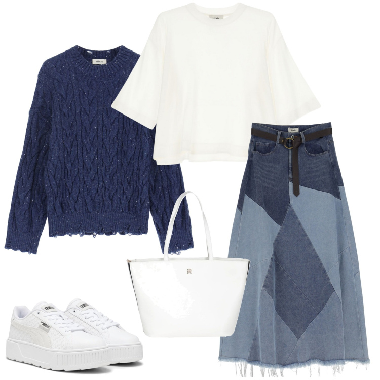 Outfit donna - Caffè con le amiche. Stile Casual chic per Tutti i giorni. Abbinamento con borse a mano, gonne longuette, maglieria, t-shirt, sneakers.