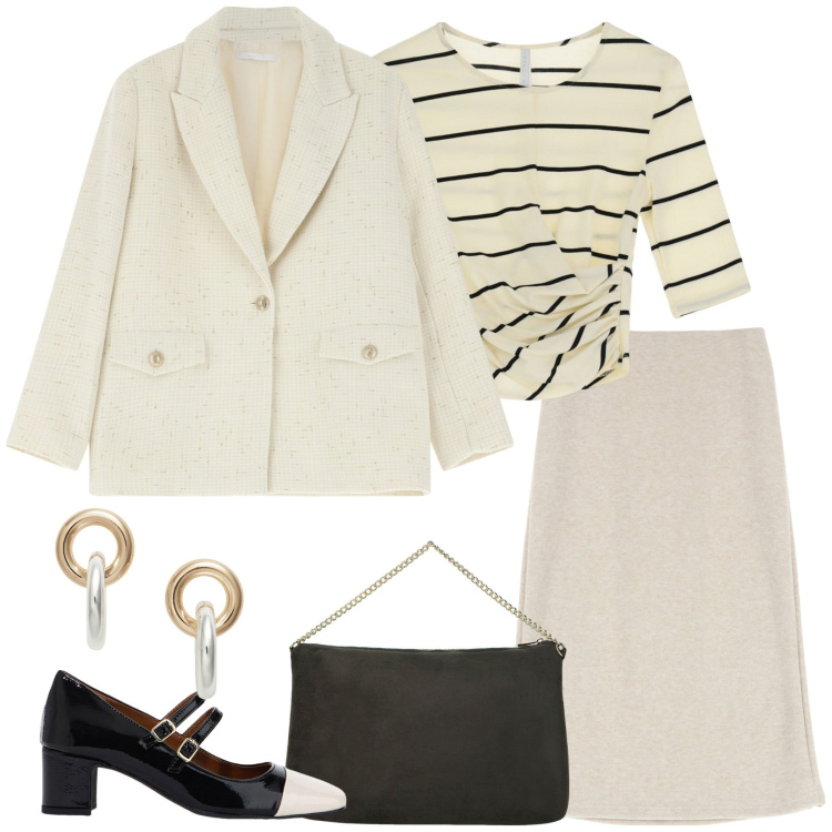 Outfit donna - Un po\' vintage. Stile Vintage retrò per Ufficio. Abbinamento con t-shirt, décolleté, gonne, blazer, pochette, orecchini.