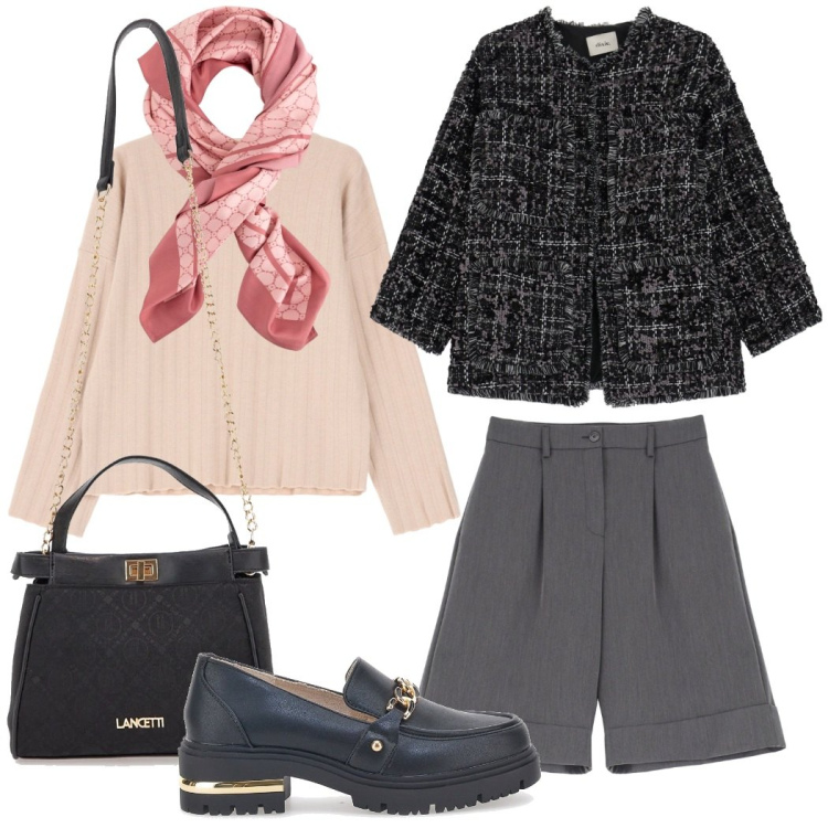 Outfit donna - Serata fra amici. Stile Chic per Serata fuori. Abbinamento con pullovers, bermuda, blazer, borse a tracolla, mocassini, foulard.