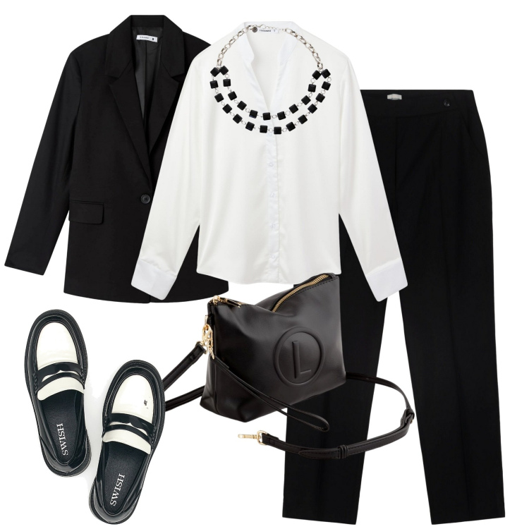 Outfit donna - In ufficio. Stile Minimal per Ufficio. Abbinamento con camicie, blazer, collane, mocassini, pantaloni, valigie.