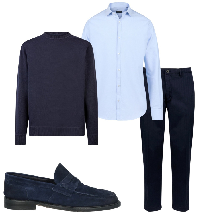 Outfit uomo - In ufficio. Stile Business/Elegante per Ufficio. Abbinamento con scarpe stringate, maglieria, camicie, pantaloni.