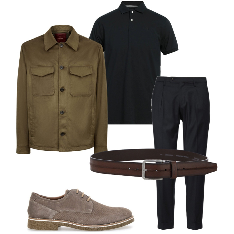 Outfit uomo - In città. Stile Urban per Tutti i giorni. Abbinamento con polo, pantaloni, cinture, giacche, scarpe stringate.