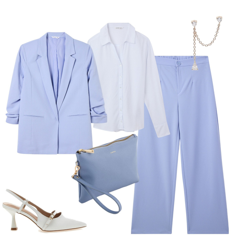 Outfit donna - Glicine. Stile Urban per Tutti i giorni. Abbinamento con camicie, pantaloni, blazer, orecchini, décolleté, pochette.