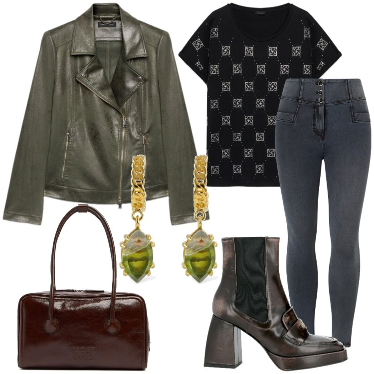 Outfit donna - Urban style. Stile Urban per Serata fuori. Abbinamento con stivaletti chelsea, jeggings, t-shirt, blazer, orecchini, borse a spalla.