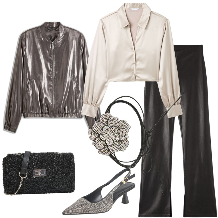 Outfit donna - Budget € 87: una serata glamour. Stile Glamour per Serata fuori. Abbinamento con bomber, borse a tracolla, collane, pantaloni, camicie, décolleté.