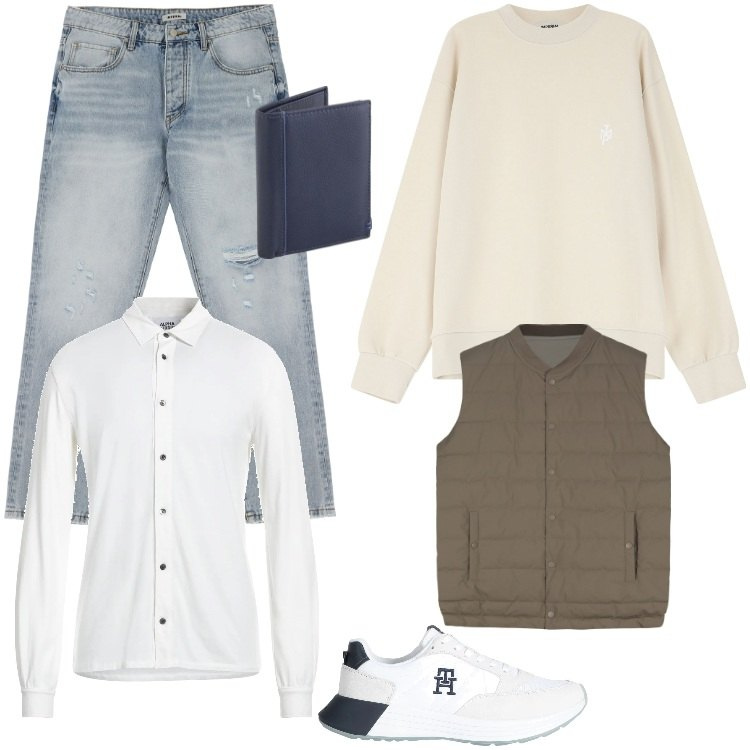 Outfit uomo - Total look #2084974. Stile Casual per Tutti i giorni. Abbinamento con sneakers, camicie, jeans strappati, felpe, gilet, portafogli.