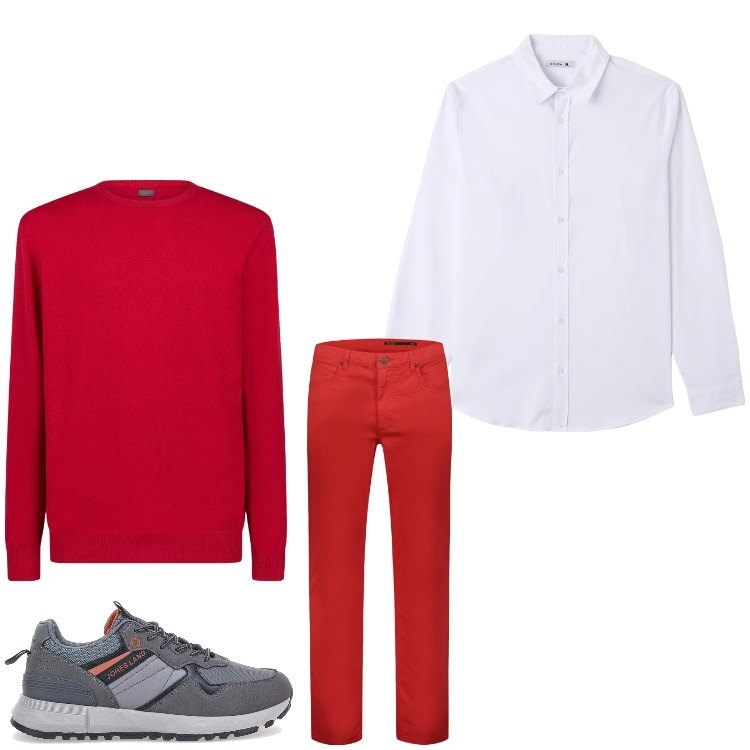 Outfit uomo - Bianco e rosso. Stile Casual per Tutti i giorni. Abbinamento con camicie, pantaloni, maglieria, sneakers.