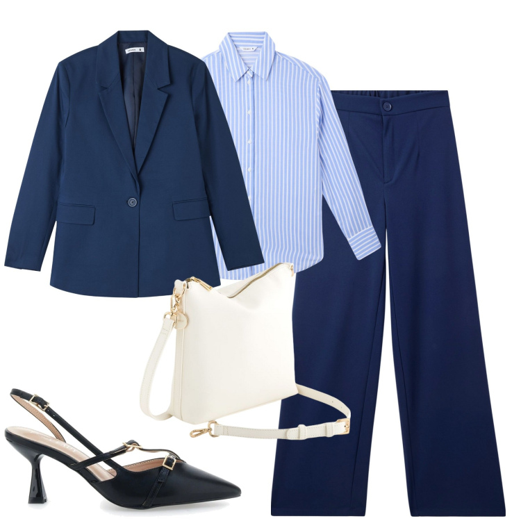 Outfit donna - City. Stile Urban per Tutti i giorni. Abbinamento con camicie, blazer, pantaloni, décolleté, borse a tracolla.