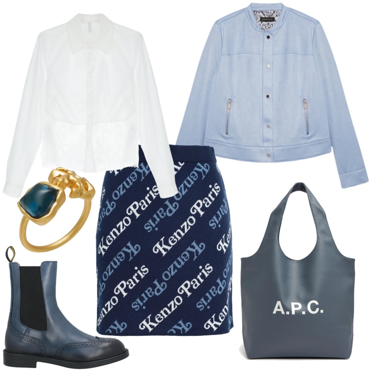 Outfit donna - Una minigonna per andare a lezione. Stile Sporty chic per Scuola/Università. Abbinamento con stivaletti chelsea, anelli, minigonne, camicie, blazer, borse tote.