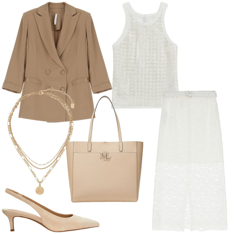 Outfit donna - Imperial take off. Stile Trendy per Ufficio. Abbinamento con gonne longuette, blazer, top, décolleté, ciondoli, borse tote.