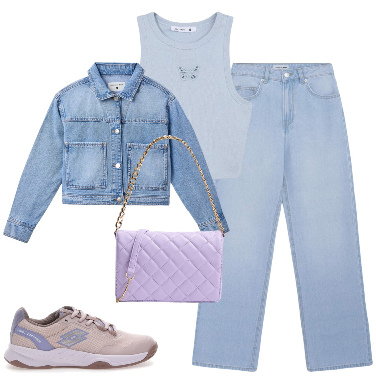 Outfit donna - City. Stile Casual per Tutti i giorni. Abbinamento con jeans, borse a tracolla, cappotti, canottiere, sneakers.