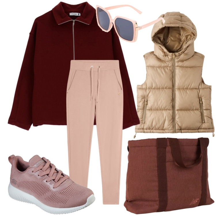 Outfit donna - Toni neutri. Stile Sporty chic per Tutti i giorni. Abbinamento con piumini, borse tote, felpe, pantaloni, sneakers, occhiali da sole.