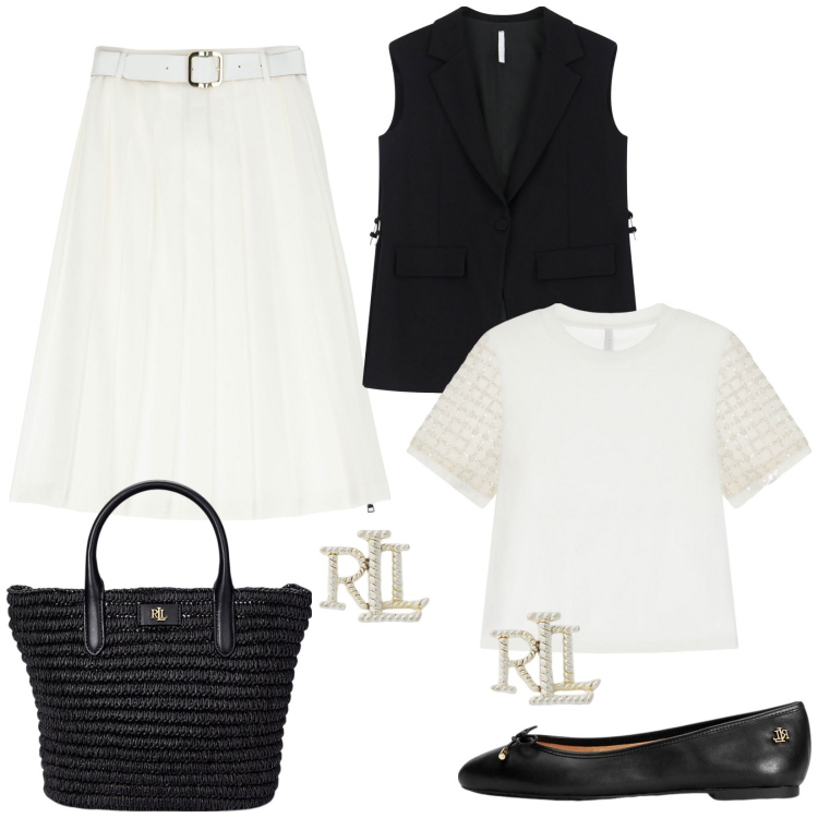 Outfit donna - Imperial take off. Stile Bon Ton per Ufficio. Abbinamento con gonne longuette, t-shirt, gilet, orecchini, ballerine, borse tote.