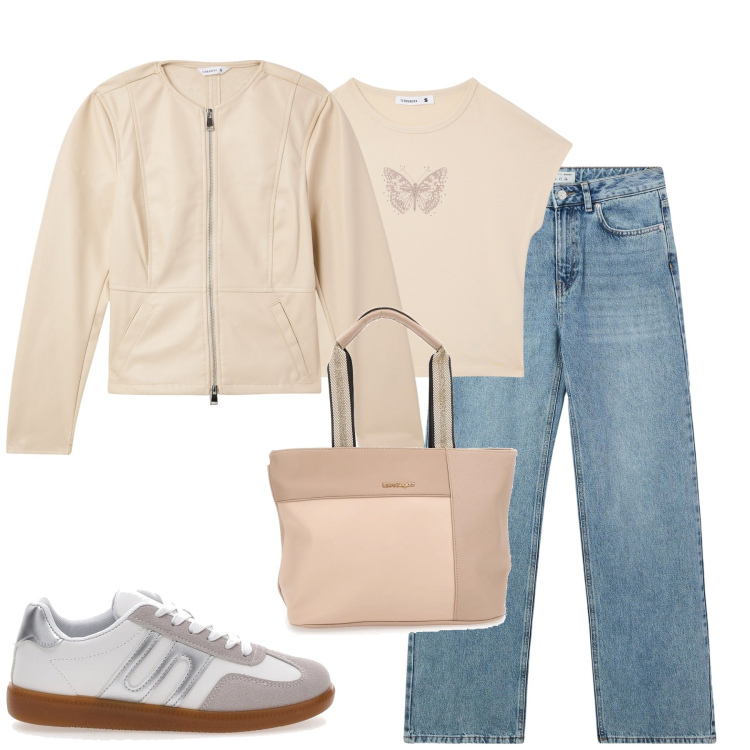 Outfit donna - City. Stile Casual per Tutti i giorni. Abbinamento con jeans, blazer, t-shirt, sneakers, borse a spalla.