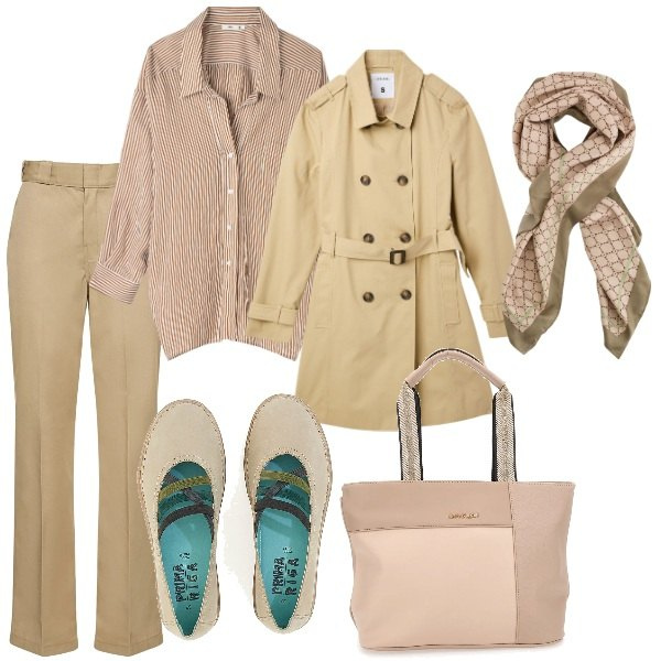 Outfit donna - Aspettando la primavera. Stile Trendy per Tutti i giorni. Abbinamento con camicie, trench, ballerine, foulard, pantaloni, borse a spalla.