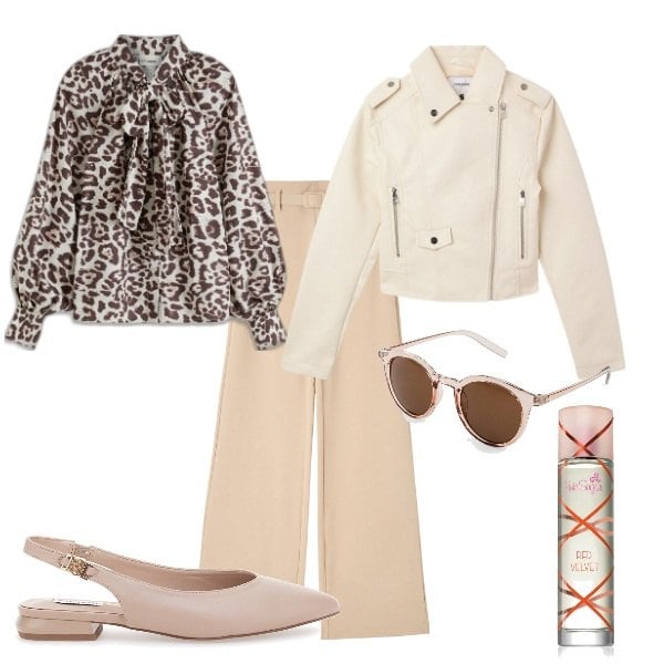 Outfit donna - Domenica mattina. Stile Trendy per Tutti i giorni. Abbinamento con camicie, occhiali da sole, profumi, giacche, pantaloni, ballerine.