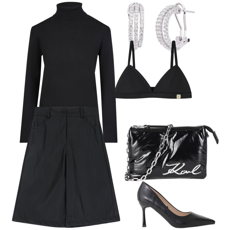 Outfit donna - Black and silver. Stile Bon Ton per Ufficio. Abbinamento con borse a mano, orecchini, décolleté, reggiseni, bermuda, maglieria.