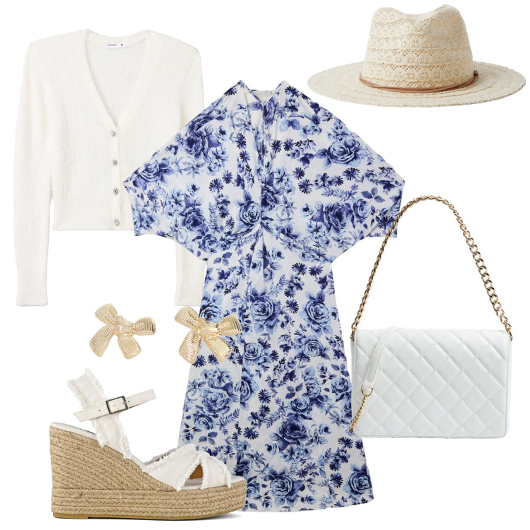 Outfit donna - Total look #2085054. Stile Casual chic per Tutti i giorni. Abbinamento con vestiti lunghi, cardigans, borse a tracolla, cappelli, orecchini, sandali col tacco.