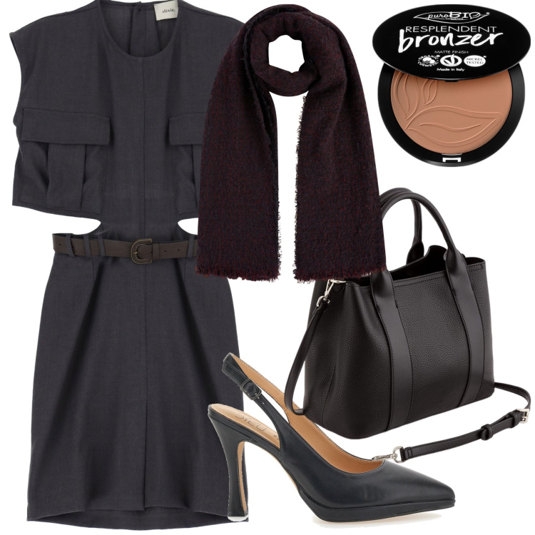 Outfit donna - Abito particolare per la primavera. Stile Glamour per Ufficio. Abbinamento con terre, vestiti corti, décolleté, sciarpe, borse a mano.