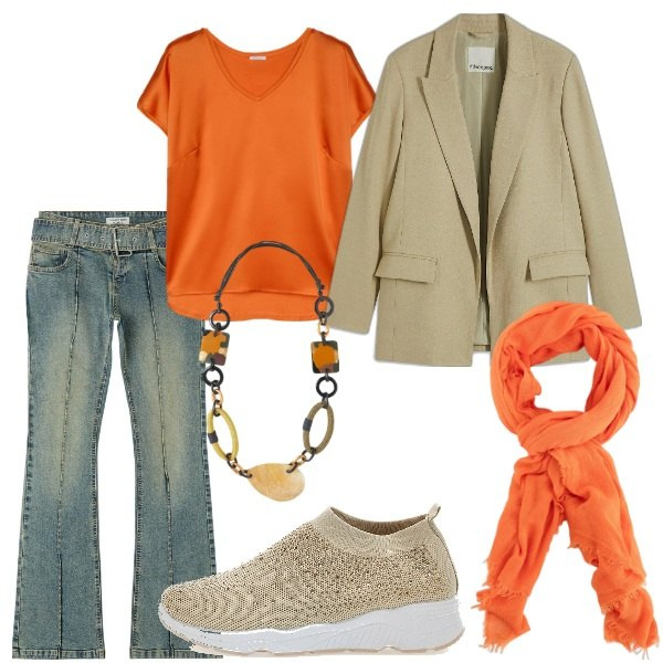 Outfit donna - Aspettando la primavera. Stile Trendy per Tutti i giorni. Abbinamento con blazer, jeans a zampa, sneakers, t-shirt, sciarpe, collane.