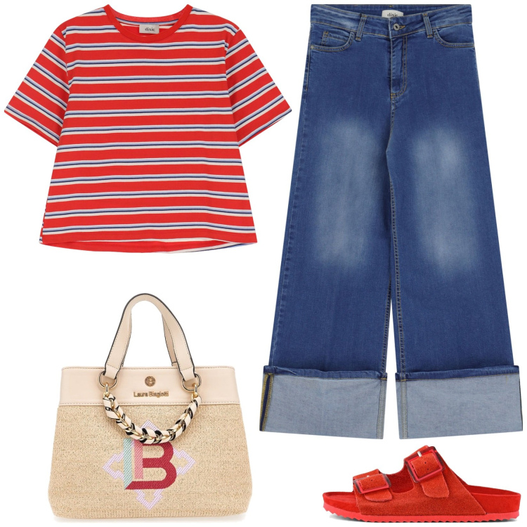 Outfit donna - Dixie - Sognando Siviglia SS25. Stile Casual per Tutti i giorni. Abbinamento con jeans dritti, t-shirt, sandali, borse a mano.