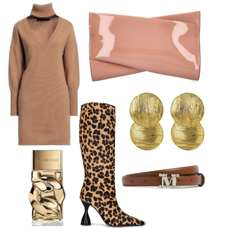 Outfit donna - Una pizza e via. Stile Casual chic per Serata fuori. Abbinamento con vestiti corti, profumi, pochette, stivali, orecchini, cinture.