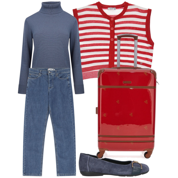 Outfit donna - Una settimana al mare. Stile Casual chic per Mare. Abbinamento con ballerine, jeans dritti, gilet, maglieria, valigie.