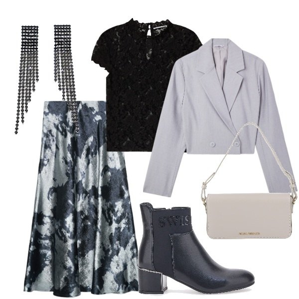 Outfit donna - Serata fuori. Stile Glamour per Serata fuori. Abbinamento con borse a mano, blazer, t-shirt, orecchini, stivaletti, gonne longuette.