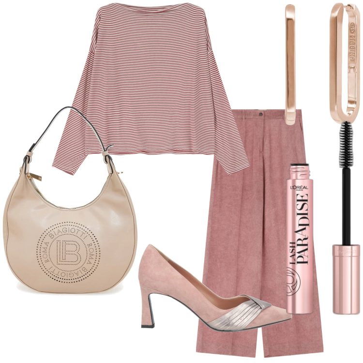 Outfit donna - Semplicemente chic e a posto. Stile Bon Ton per Ufficio. Abbinamento con décolleté, mascara, orecchini, pantaloni a palazzo, maglieria, borse a spalla.