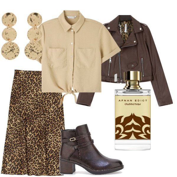 Outfit donna - Aspettando la primavera. Stile Trendy per Serata fuori. Abbinamento con camicie a manica corta, profumi, giacche, gonne longuette, stivaletti, orecchini.