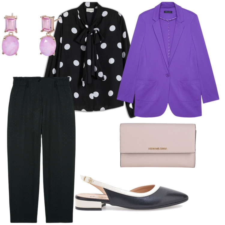 Outfit donna - Una cerimonia tra colleghe. per Ufficio. Abbinamento con camicie, borse a mano, orecchini, ballerine, blazer, pantaloni.